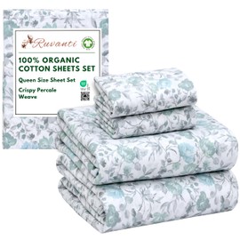 RUVANTI 100% Organic Cotton Sheets Queen Size, Percale Weave, GOTS Certified, 4-Piece Set, Deep Pocket 15", Crisp & Breathable, Soft Durable Bedding, Sábanas Algodón Orgánico – Cold Chrysanthemum