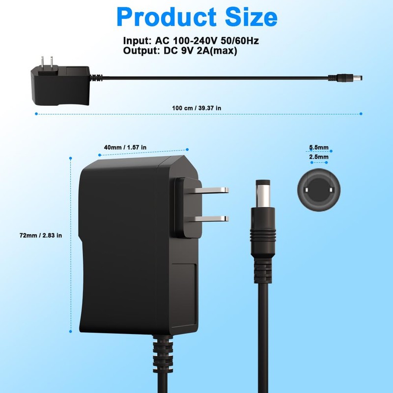 ENGFYADSY 9V 2A Power Supply Charger AC 100-240V to DC