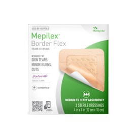 Mepilex Border Flex 4 x 4 in (10 x 10 cm) Hospital Grade Dressings for Skin Tears, Minor Burns and Cuts Waterproof Adhesion for up to 7-Day Use