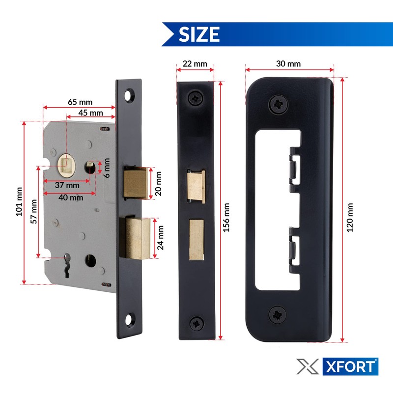 XFORT Matt Black 65mm Mortice Sashlock, Mortice Door Lock with
