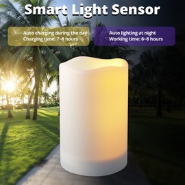 NURADA Large Outdoor Solar Powered Candles - Flameless Pillar Waterproof Rechargeable Candle Set, White Resin, LED Light,Rechargeable Solar Battery Included, for Patio Decor, 3.25"x4"5" 6"