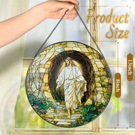8 Inch He is Risen Resurrection of Jesus Sun Catchers, Stained Glass Window Hanging, Stained Glass Suncatchers for Windows, Christian Home Decor and Christmas, Christian Gift, Religious Gift