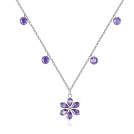 VONALA Purple Flower Necklace 925 Sterling Silver Purple Cubic Zirconia Flower Pendant Jewelry for Women