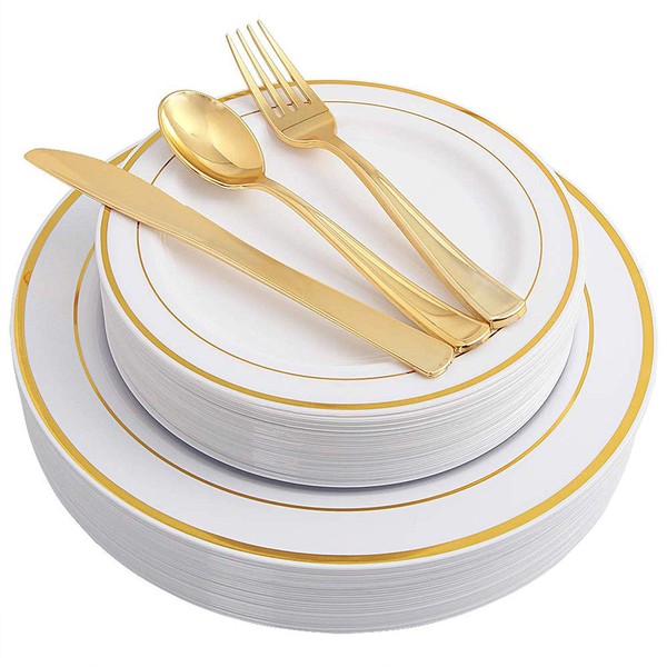 750 Pieces Plastic WHITE w/GOLD Band China Plates and Gold Silverware Combo for 150 people.