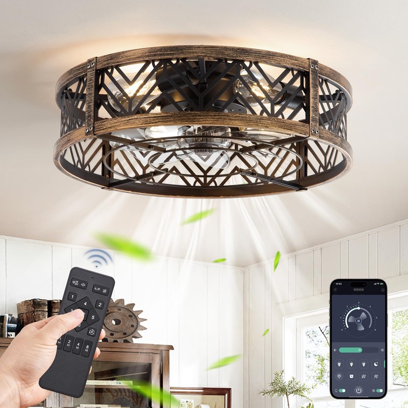 LEDIARY 20" Caged Ceiling Fan with Light, Small Flush Mount,