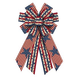 Large Veterans Day Patriotic Bows for Wreath, 4th of July Wreath Bows Blue Natural Burlap Bows American Stars Stripes Tree Topper Bows for Front Door Memorial Day Christmas Decorations