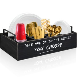 Ameuphercy Wood Paper Plate Dispenser, Paper Plate Holder with Large Cup Holder for Kitchen Counter, Rustic Silverware Utensil Caddy with Large Cup Holder, Utensil Holder for Kitchen Accessories