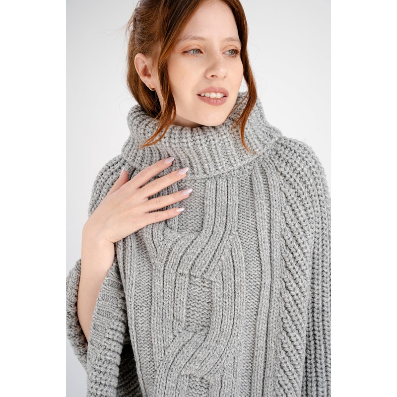 SAOL 100% Merino Wool Cable Knit Ladies Poncho Sweater (Grey)