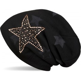 styleBREAKER Warm Fine Knit Beanie Hat with All Over Vintage Star Print, Sequin Star and Very Soft Fleece Lining, Unisex, 04024084 -