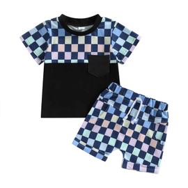 Karesoull Toddler Baby Boy Summer Clothes Set Short Sleeve Checkered Tops & Shorts Novelty Color Block Outfits