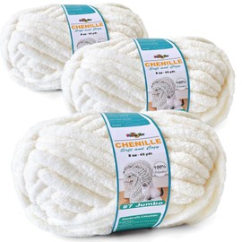 FREEASYFAR Chunky Chenille Yarn for Crocheting - Bulky Fluffy Yarn for Knitting -100% Polyester -Jumbo 7-45 yds/8.8 oz Each Skein-Hand Knitting Blanket DIY (White, 3 Pack)