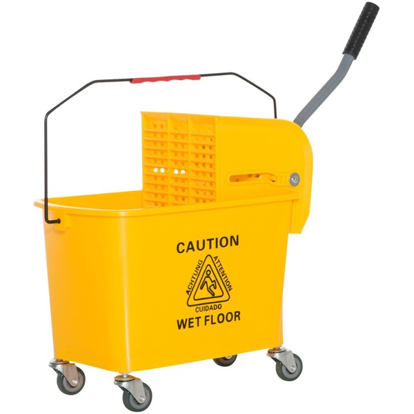 HOMCOM 5 Gallon Rolling Janitorial Cleaning Mop Bucket Commercial Restaurant with Down Press Wringer