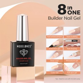 modelones Aufbaugel für Gelnägel, Builder Gel 8 in One Builder Gel Glitzer Nude, UVGel zur Nagelverlängerung und Modellage und Strengthener Extension HardGel Base Nail Art DIY 15ML