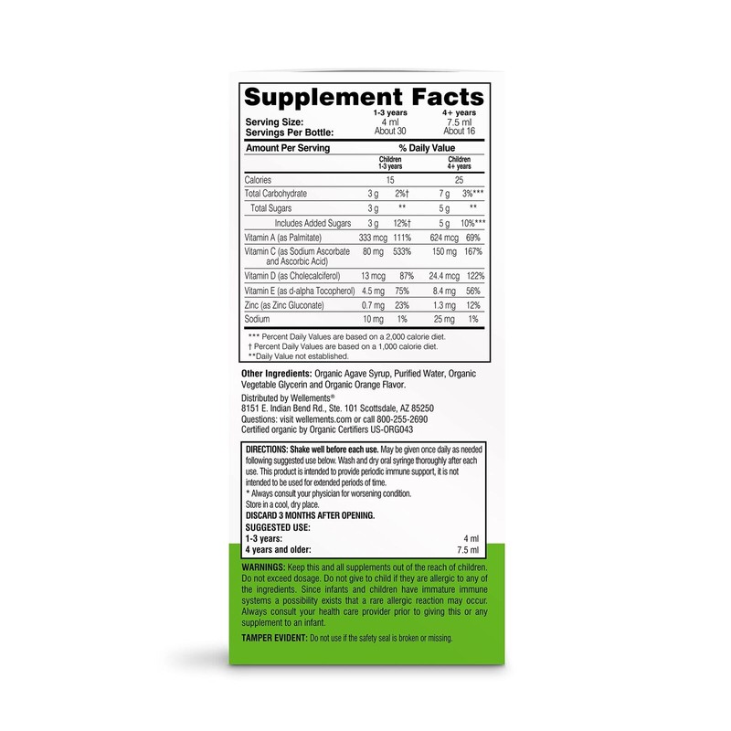 Wellements Organic Kids Immune Support Syrup Orange Flavor 4 Fl