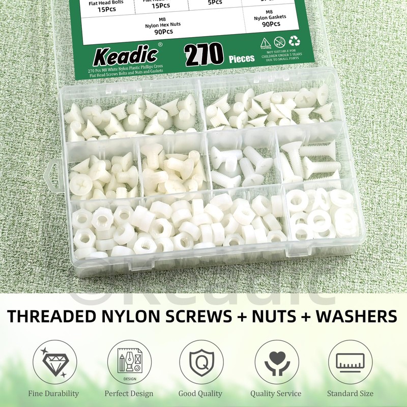 Keadic 270Pcs M8 White Nylon Countersunk Machine Screws, Nylon Flat