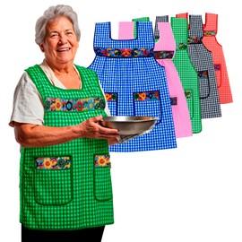 Cuitáxi Traditional Mexican apron for women with pockets beautiful flower embroidery XL - Mandiles para mujer mexicanos mandil Green