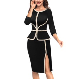 VFSHOW Womens 2024 Buttons Peplum Front Split Business Work Office Crew Neck Colorblock Trim Slim Pencil Sheath Dress (Black, Small) 11418 BLK S