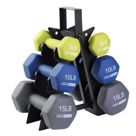 HolaHatha 5, 10, and 15 Pound Neoprene Hex Dumbbell Set with Rack - Strength Training Dumbbell Set - Color: Multicolor