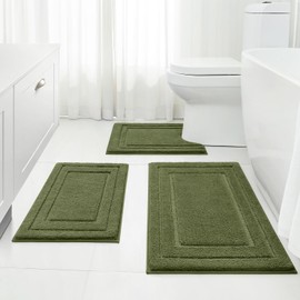 HOMEIDEAS Bathroom Rugs Sets 3 Piece, Super Soft and Absorbent Non Slip Microfiber Toilet Bath Mat with U-Shaped (Sage Green)