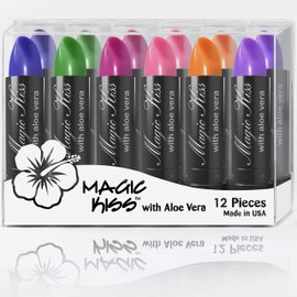 Pack of 12 Magic Kiss Color Changing Aloe Vera Lipstick Set Made in USA (Colors of Aloha 01)