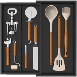 Lifewit Utensil Organizer for Kitchen Drawer, Expandable Cooking Utensil Tray, Bamboo Cutlery Silverware Flatware Holder, Adjustable Spatula Tools and Gadgets Storage Divider, Large, Black