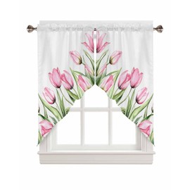 Pink Tulip Curtains Swag Valances Watercolor Pink Tulips Spring Plants Flowers Rod Pocket Kitchen Curtains Window Valances Spring Swag Curtains for Bathroom Over Sink Basement, 1 Pair, 28"W x 36"L