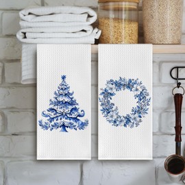 Cilrii Chinoiserie Christmas Kitchen Towels, Blue and White Christmas Dish Tea Towels for Kitchen Decor, Xmas Tree Wreath Snowman Gingerbread Decorative Hand Towel for Bathroom, 16x24 Inch Set of 4