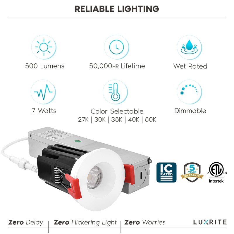 LUXRITE 1 Inch LED Recessed Lighting with Junction Box, 7W,