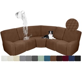 ALIECOM Waterproof Sectional Recliner Couch Covers for Reclining Sectional Stretch L Shaped Recliner Sofa Cover Washable Jacquard Corner Sofa Slipcovers Pet Dog Protector (5 Seat, Light Brown)