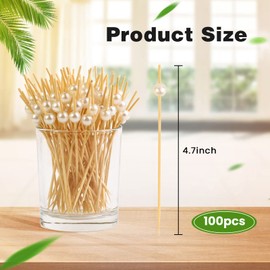 100PCS Cocktail Picks, Fancy Toothpicks for Appetizers Handmade Bamboo Appetizer Skewers Sticks White Pearl Food Picks for Wedding Holiday Party Food Fruit Drinks (4.7 Inch)