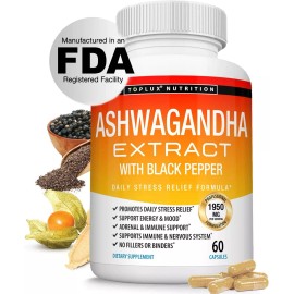 Organic Ashwagandha Capsules 1950 MG (2 PACK) with Black Pepper Root Powder