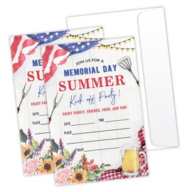LONLONBANG Memorial Day Party Invitations Picnic Party Back Yard Cookout Invite Cards Summer Kick off Pool Invite Cards for Girls Boys Women Men Family 20 Party Invitations with Envelopes -L797