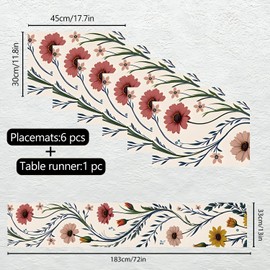 7-Piece Elegant Floral Table Runner & Placemat Set – Includes 1 Table Runner & 6 Placemats – Vibrant Flower Design for Dining Table Decor & Special Occasions