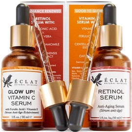 Eclat Skincare 2 Facial Serum - Vitamin C and Retinol Serum for Face, Anti Aging Serums for Skin Care - Boosts Collagen, Reduce Fine Lines & Wrinkles and Restore Skin Vibriance, Day & Night Serum for Face