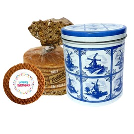 DeReuze Dutch Stroopwafels Gift Set with Decorative Netherlands Inspired Design Blue Tin and Special Occasion Gift Message Shipped in Organza Bag (Happy Birthday)