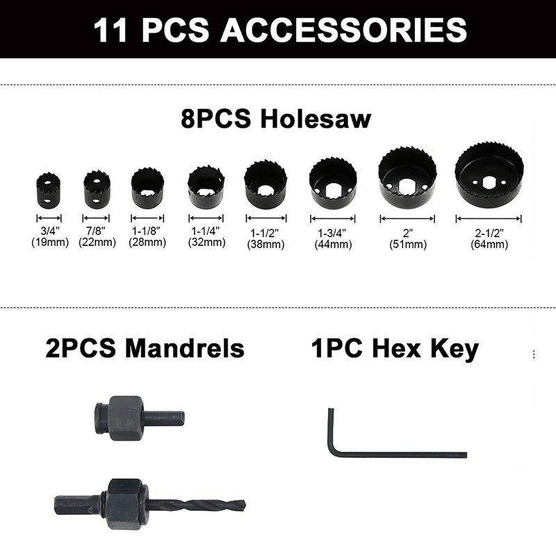 NORTOOLS Hole Saw 11 PCS HoleSaw Kit with 8PCS 19-64