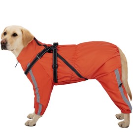 Kuoser Waterproof Dog Raincoat with Legs, Lightweight Dog Rain Jacket with Harness, Reflective Adjustable Waterproof Suit for Large Dogs Red