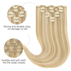 HOTBANANA Human Hair Clip in Hair Extensions, Dirty Blonde Mixed Bleach Blonde Hair Extensions 120g Clip in Hair Extensions Real Human Hair Straight Remy Hair Clip Ins 16 Inch 7pcs