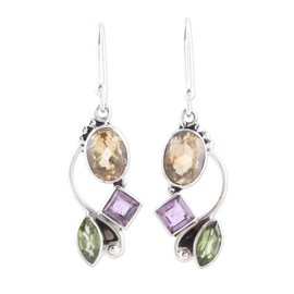 NOVICA Artisan Crafted Sterling Silver Multi Gemstone Dangle Earrings | Long French Wire | Amethyst | Peridot | Citrine | Multi Birthstone | India ' Sun with Violets' 1.7" L x 0.4" W x 0.2" D
