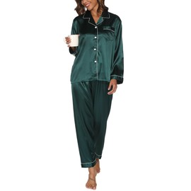 Reliwel Women's Satin Pyjamas with Button Placket Long Sleeve Two Piece Pyjamas Women's Long V-Neck Sleepwear Cosy Classic Loungewear Leisure Suit Pjs for All Seasons, Grün-a