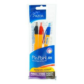Bolígrafos Retractiles Pin Point Finos - 3 Colores Básicos Tinta Negro/rojo/azul Exterior Amarillo