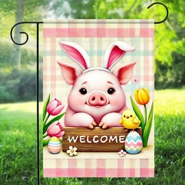 BlissYard Welcome Pig Garden Flag Spring Easter Garden Flag Happy Easter Decorations 12×18 Inch Double Sided Small Flag For Outside Outdoor Farmhouse Spring Decor Yard Flag