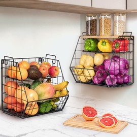 2 Set Fruit Basket for Kitchen with Bamboo Cutting Board, Pantry Kitchen Organizers and Storage, 3 Tier Stackable Wire Wall Basket, Onion Potato Vegetable Storage for Countertop Floor Cabinet Shelf