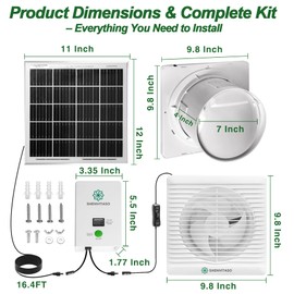 SHENVITASO Solar Powered Exhaust Fan Kit, 25W 8" Ventilation Fan with Battery Backup, Up to 9‑Hour Runtime, 430CFM, IP44 Waterproof, for Chicken Coop, Greenhouse, Shed, Attic, RV