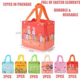HBell 12Pack Easter Gift Bags Reusable Tote Bag With Handle,Bunny Easter Egg Non-Woven Bags Foldable Water Resistant Treat Bags for Easter Party Supplies (Style-A)