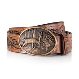 Friedl Traditional Leather Belt Handmade – Unique Traditional Leather Belt with Deer Buckle – Hand-Carved Lederhosen Belt, brown