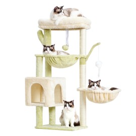 Heybly Cat Tree, 39.4 Inches Tower Condo with Scratching Post, Cat Tower for Indoor Cats, Fully Wrapped Sisal Pole, Soft Platform, 2 Baskets and Dangling Toy, Green and Beige HCT006SGM