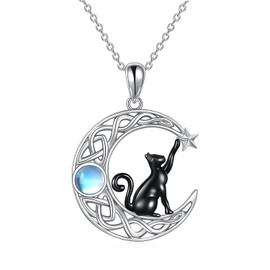 YQSENLIN Collar de Luna y Gato Negro para Mujer, Estrellas de la Luna Celta, Collar Colgante de Ajustable con Zirconita Cúbica, Joyería Amor Eterno, Regalo Joyería Cumpleaños para Mujeres