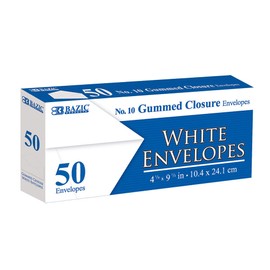 BAZIC Products White Envelope #10 Gummed Seal 4 1/8 x 9 1/2, No Window Mailing Envelopes, for Businesses Checks Invoices (50/Pack), 1-Pack