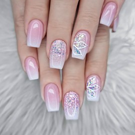 Square Press on Nails Short Pink Gradient Artifical Acrylic Fake Nails Flower Glitter Sequins Design French False Nails Full Cover Coffin Nails Nature Fit Stick on Nails Kit Glue on Nails for Women